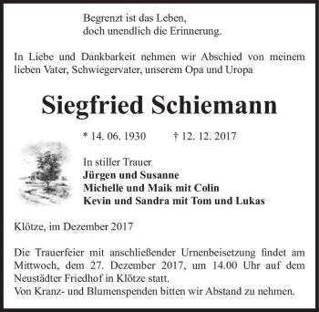 Traueranzeige von Siegfried Schiemann  von Magdeburger Volksstimme