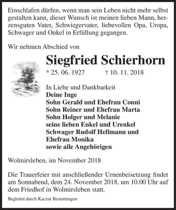 Traueranzeige von Siegfried Schierhorn  von Magdeburger Volksstimme
