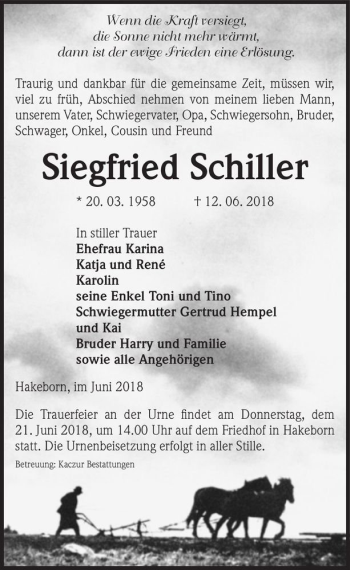 Traueranzeige von Siegfried Schiller  von Magdeburger Volksstimme