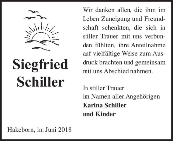 Traueranzeige von Siegfried Schiller  von Magdeburger Volksstimme