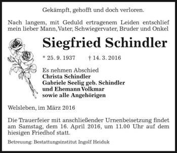Traueranzeige von Siegfried Schindler  von Magdeburger Volksstimme