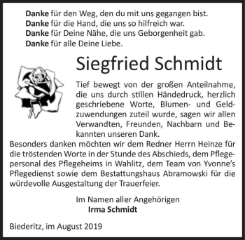 Traueranzeige von Siegfried Schmidt  von Magdeburger Volksstimme