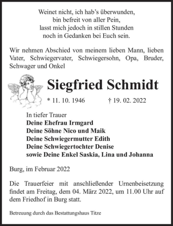 Traueranzeige von Siegfried Schmidt  von Magdeburger Volksstimme