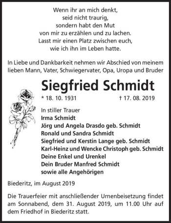 Traueranzeige von Siegfried Schmidt  von Magdeburger Volksstimme