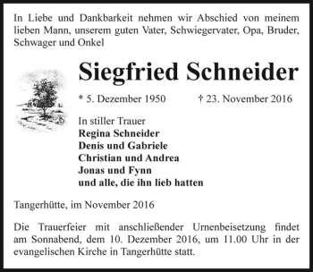 Traueranzeige von Siegfried Schneider  von Magdeburger Volksstimme