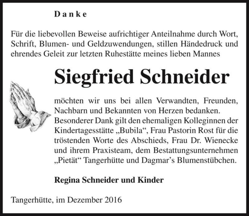  Traueranzeige für Siegfried Schneider  vom 17.12.2016 aus Magdeburger Volksstimme