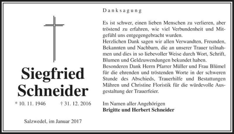  Traueranzeige für Siegfried Schneider  vom 28.01.2017 aus Magdeburger Volksstimme