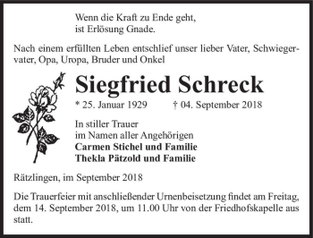 Traueranzeige von Siegfried Schreck  von Magdeburger Volksstimme