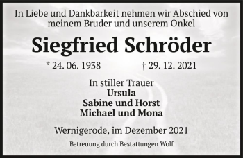 Traueranzeige von Siegfried Schröder  von Magdeburger Volksstimme