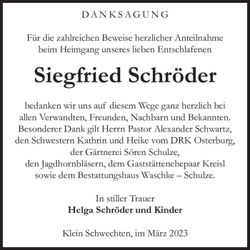 Traueranzeige von Siegfried Schröder  von Magdeburger Volksstimme