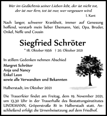 Traueranzeige von Siegfried Schröter  von Magdeburger Volksstimme