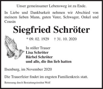 Traueranzeige von Siegfried Schröter  von Magdeburger Volksstimme