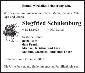 Traueranzeige von Siegfried Schulenburg  von Magdeburger Volksstimme