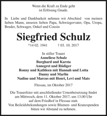 Traueranzeige von Siegfried Schulz  von Magdeburger Volksstimme