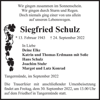 Traueranzeige von Siegfried Schulz  von Magdeburger Volksstimme