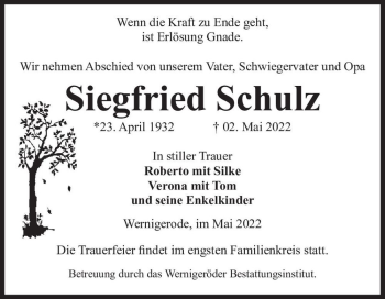 Traueranzeige von Siegfried Schulz  von Magdeburger Volksstimme