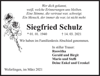 Traueranzeige von Siegfried Schulz  von Magdeburger Volksstimme