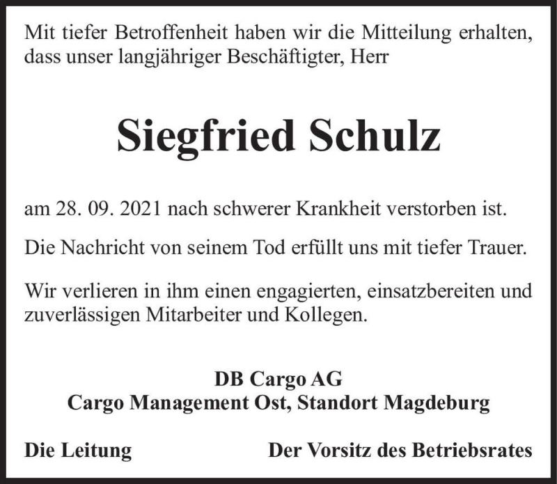  Traueranzeige für Siegfried Schulz  vom 13.10.2021 aus Magdeburger Volksstimme