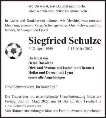 Traueranzeige von Siegfried Schulze  von Magdeburger Volksstimme