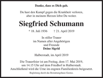 Traueranzeige von Siegfried Schumann  von Magdeburger Volksstimme