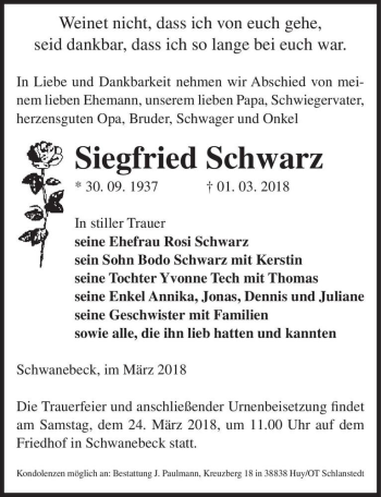 Traueranzeige von Siegfried Schwarz  von Magdeburger Volksstimme