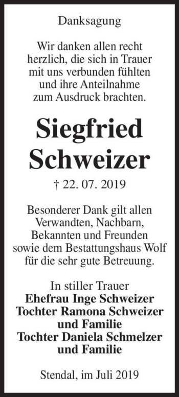 Traueranzeige von Siegfried Schweizer  von Magdeburger Volksstimme