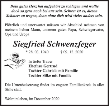 Traueranzeige von Siegfried Schwenzfeger  von Magdeburger Volksstimme