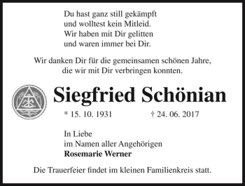 Traueranzeige von Siegfried Schönian  von Magdeburger Volksstimme
