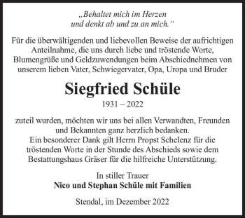 Traueranzeige von Siegfried Schüle  von Magdeburger Volksstimme
