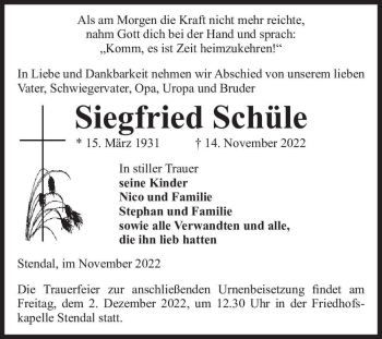 Traueranzeige von Siegfried Schüle  von Magdeburger Volksstimme