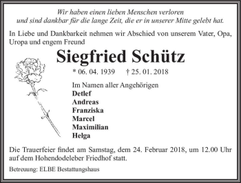 Traueranzeige von Siegfried Schütz  von Magdeburger Volksstimme