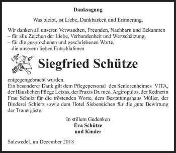 Traueranzeige von Siegfried Schütze  von Magdeburger Volksstimme