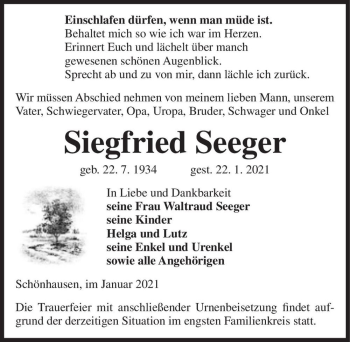 Traueranzeige von Siegfried Seeger  von Magdeburger Volksstimme