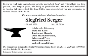 Traueranzeige von Siegfried Seeger  von Magdeburger Volksstimme