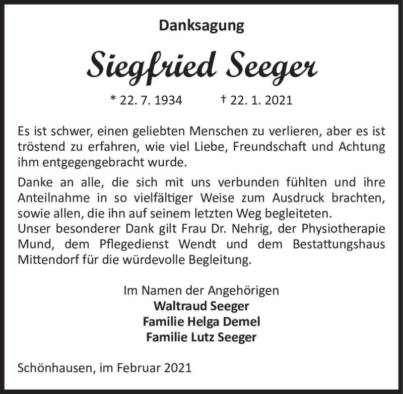  Traueranzeige für Siegfried Seeger  vom 20.02.2021 aus Magdeburger Volksstimme