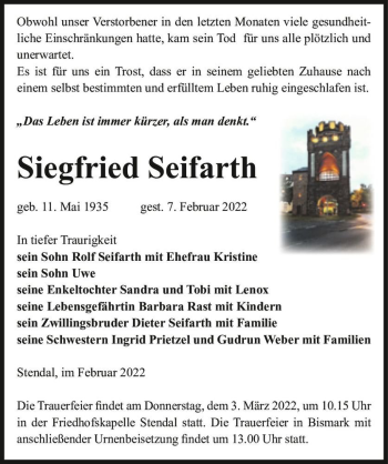 Traueranzeige von Siegfried Seifarth  von Magdeburger Volksstimme