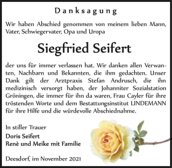 Traueranzeige von Siegfried Seifert  von Magdeburger Volksstimme