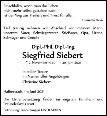 Traueranzeige von Siegfried Siebert  von Magdeburger Volksstimme