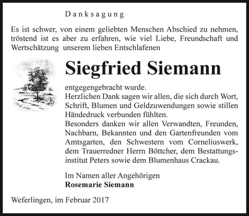  Traueranzeige für Siegfried Siemann  vom 04.02.2017 aus Magdeburger Volksstimme