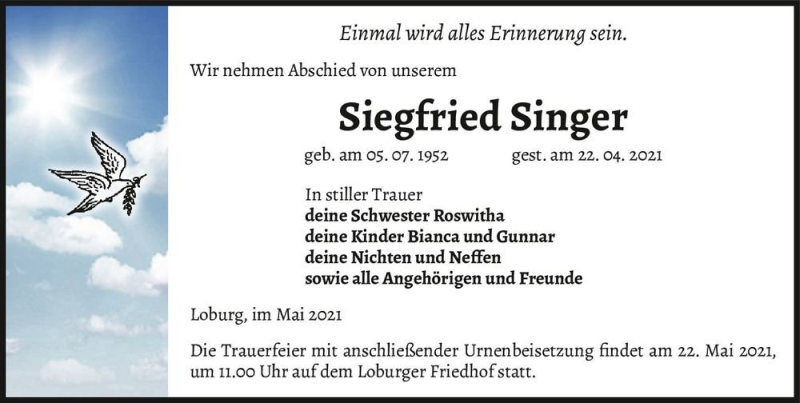  Traueranzeige für Siegfried Singer  vom 08.05.2021 aus Magdeburger Volksstimme