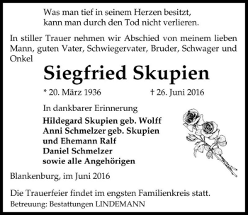 Traueranzeige von Siegfried Skupien  von Magdeburger Volksstimme