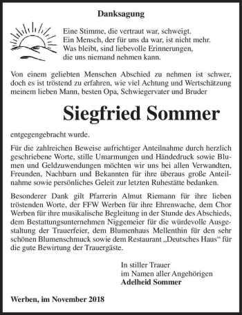Traueranzeige von Siegfried Sommer  von Magdeburger Volksstimme