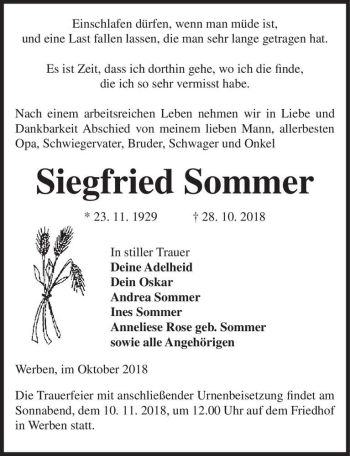 Traueranzeige von Siegfried Sommer  von Magdeburger Volksstimme