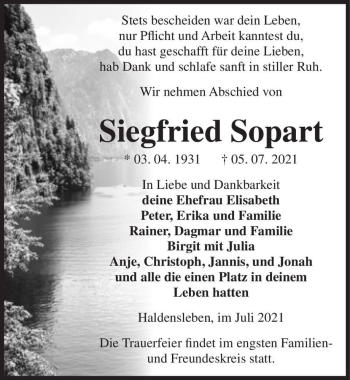 Traueranzeige von Siegfried Sopart  von Magdeburger Volksstimme