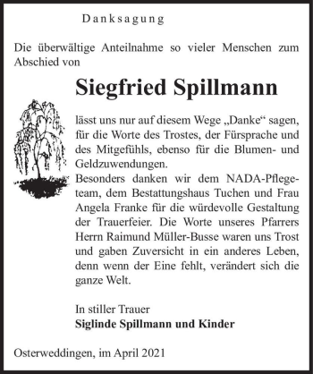 Traueranzeige von Siegfried Spillmann  von Magdeburger Volksstimme