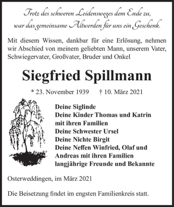 Traueranzeige von Siegfried Spillmann  von Magdeburger Volksstimme