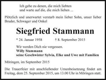Traueranzeige von Siegfried Stammann  von Magdeburger Volksstimme