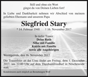 Traueranzeige von Siegfried Stary  von Magdeburger Volksstimme