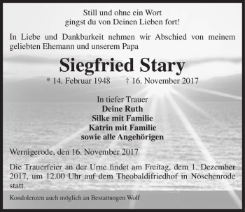 Traueranzeige von Siegfried Stary  von Magdeburger Volksstimme
