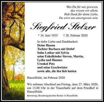 Traueranzeige von Siegfried Stelzer  von Magdeburger Volksstimme